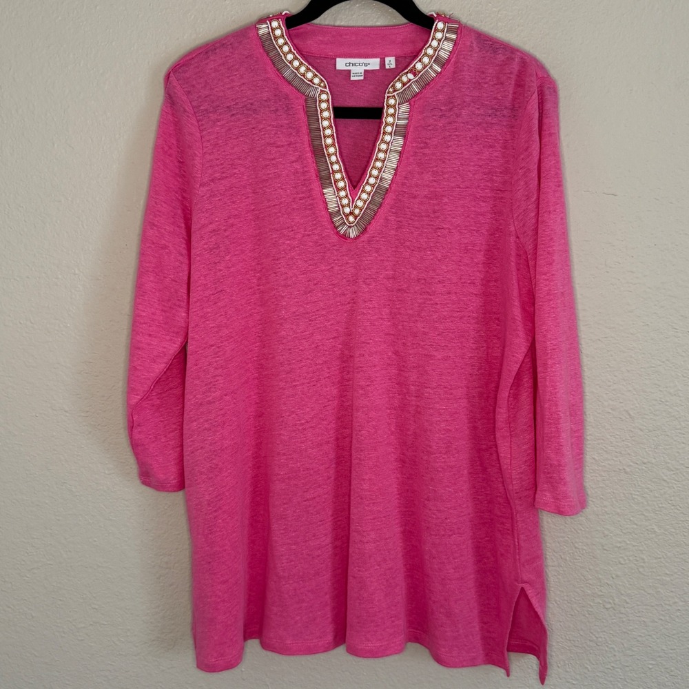 Chicos Slub Linen Resort Pink Beaded Tunic Top Size 2 Large Beach Boho Colorful